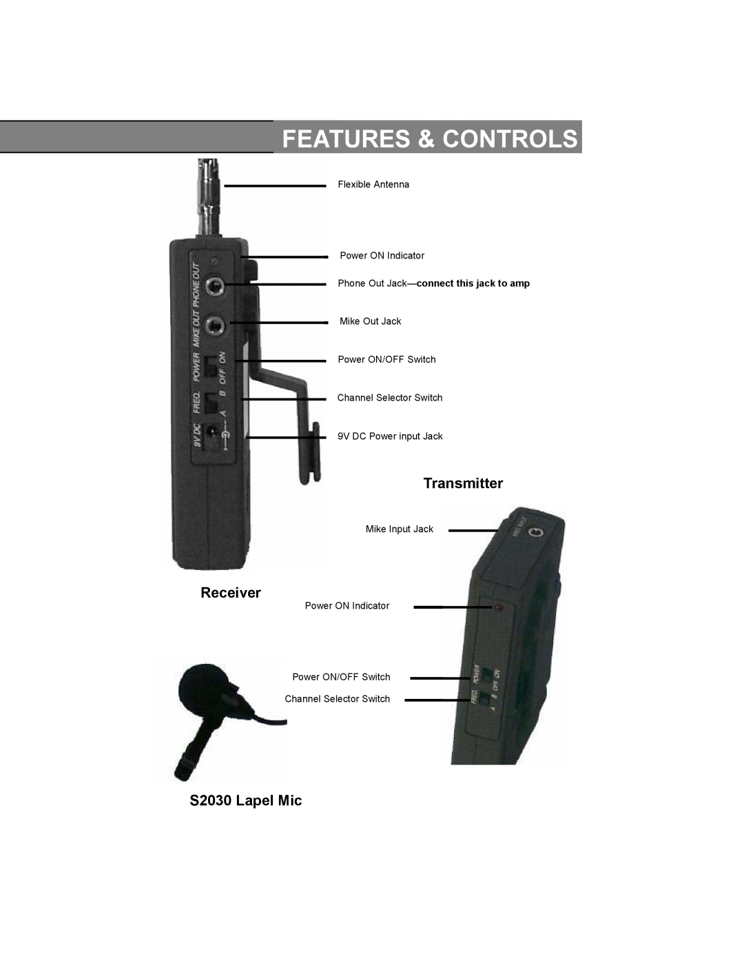 AmpliVox S1600, S1610 Features & Controls, Transmitter, Receiver, S2030 Lapel Mic, Flexible Antenna Power ON Indicator 