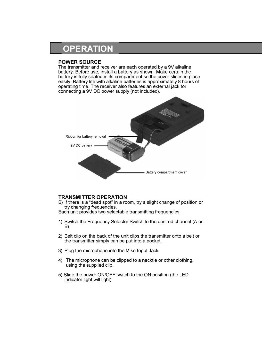 AmpliVox S1610, S1600 owner manual Power Source, Transmitter Operation 