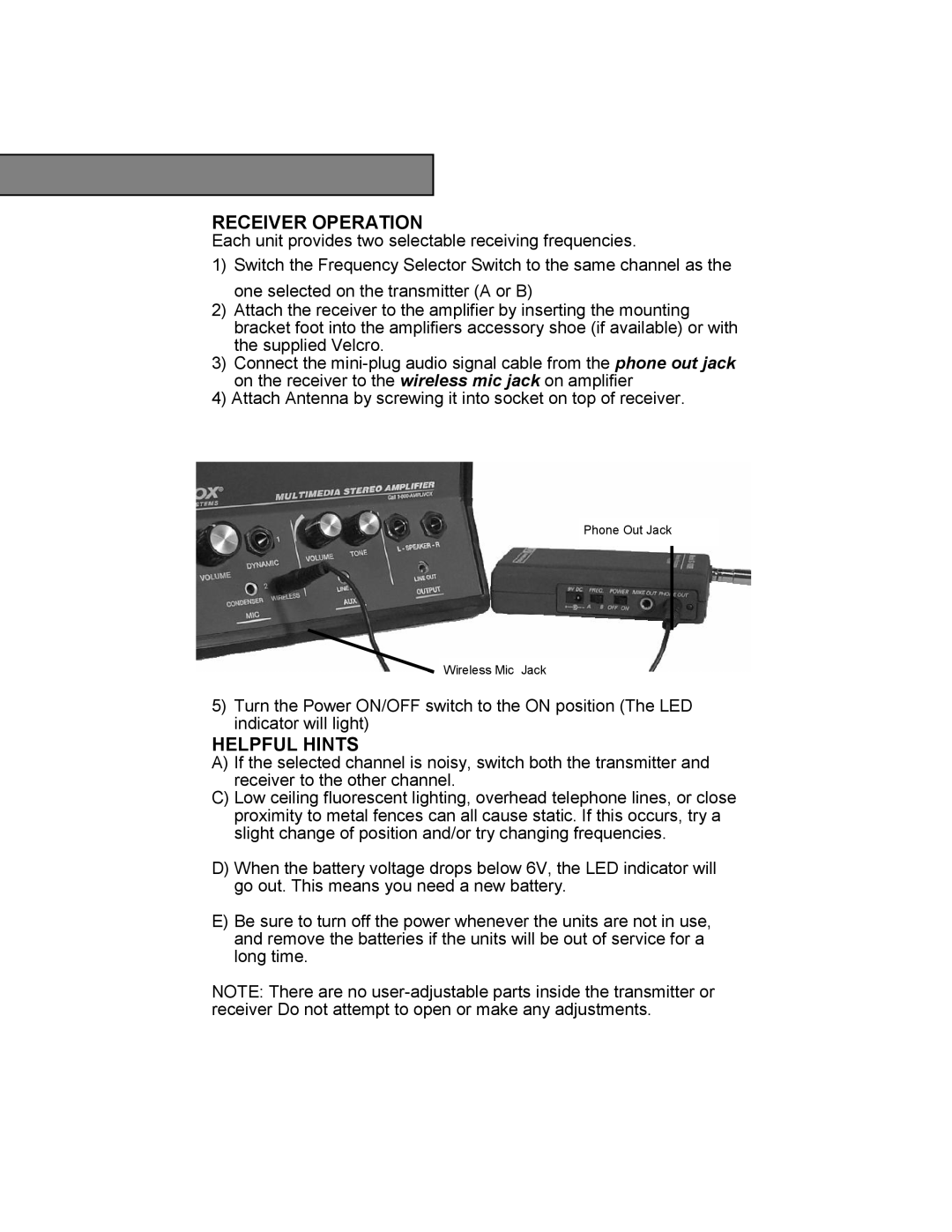 AmpliVox S1600, S1610 owner manual Receiver Operation, Helpful Hints 