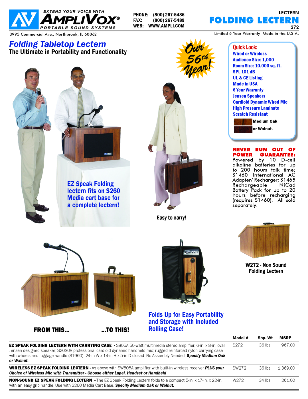 AmpliVox S250 folding LECTERN, Folding Tabletop Lectern, Easy to carry, W272 - Non Sound Folding Lectern, or Walnut, 56th 