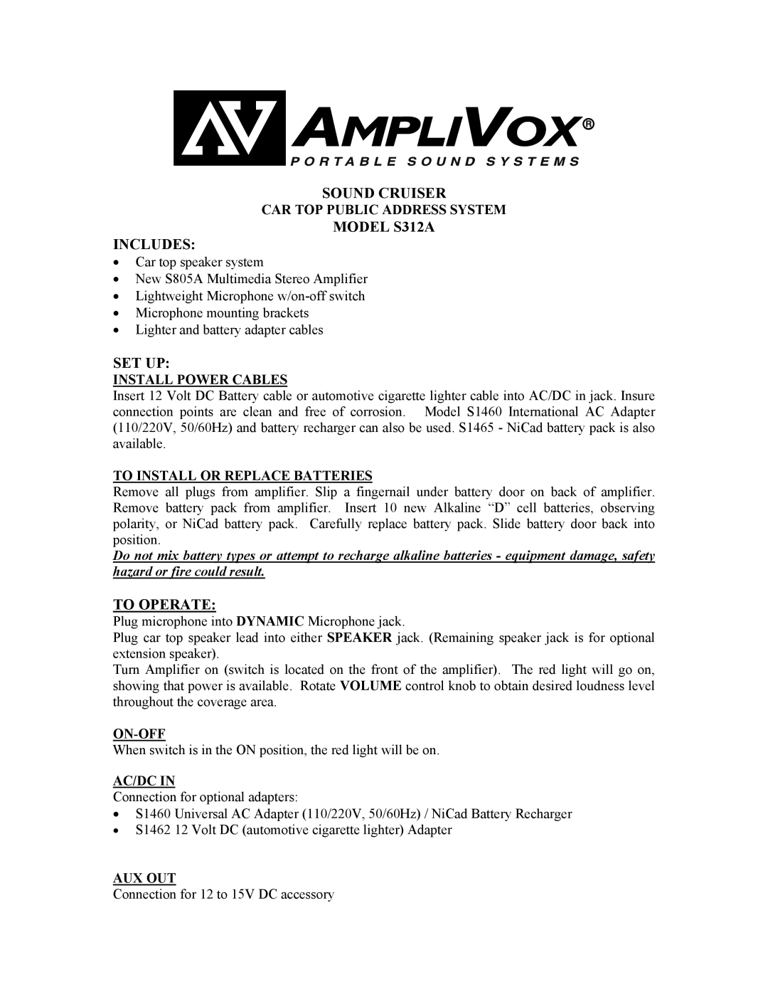 AmpliVox manual Sound Cruiser, Model S312A Includes, Set Up, To Operate 