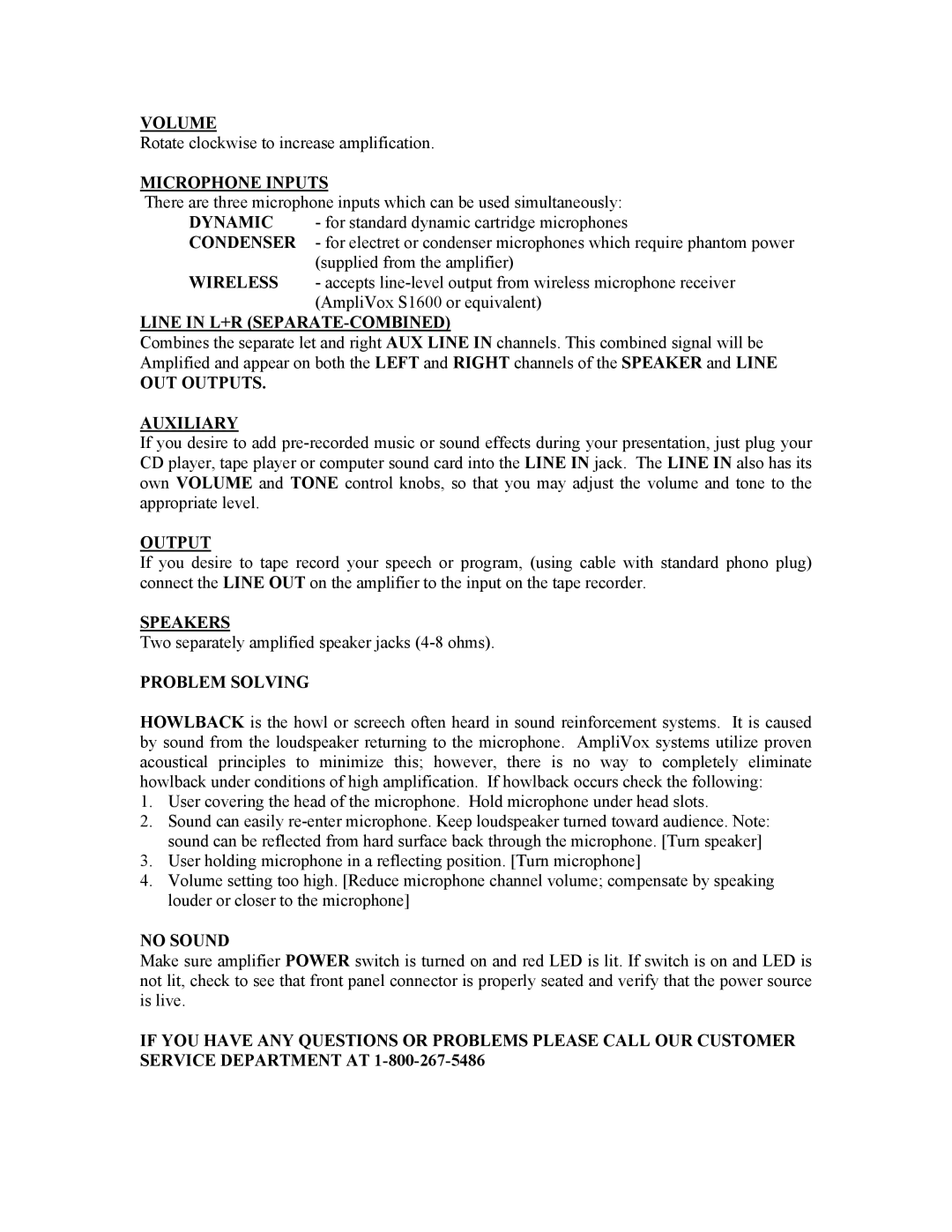 AmpliVox S312A Volume, Microphone Inputs, Line in L+R SEPARATE-COMBINED, OUT Outputs Auxiliary, Speakers, Problem Solving 