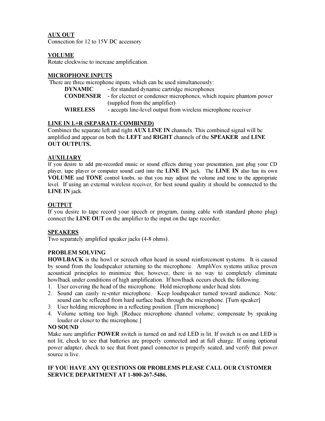 AmpliVox S500-WT manual Aux Out, Volume, Microphone Inputs, Line in L+R SEPARATE-COMBINED, OUT Outputs Auxiliary, Speakers 