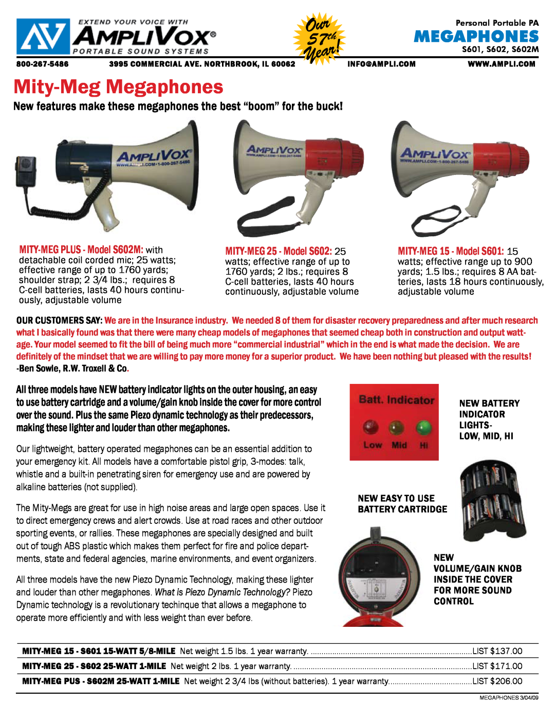 AmpliVox S601, S602 warranty Mity-Meg Megaphones, New features make these megaphones the best “boom” for the buck 
