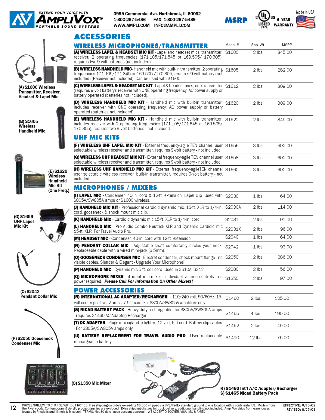 AmpliVox S805A warranty Accessories, Power required. Please Call For Information On Other Mixers 