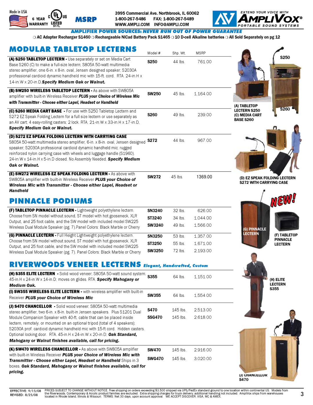 AmpliVox S805A warranty Modular Tabletop Lecterns, Pinnacle podiums, S272 EZ Speak Folding Lectern with carrying case 