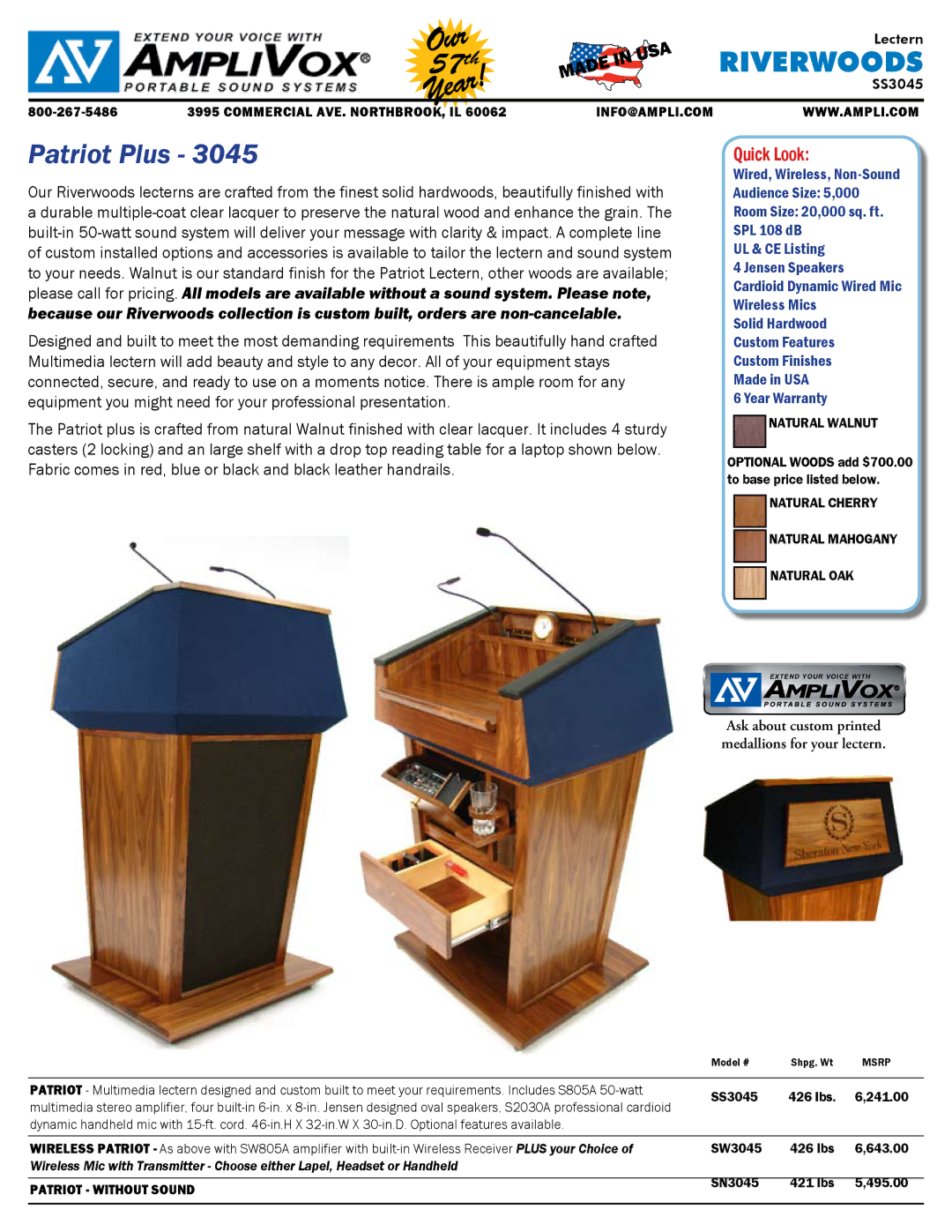 AmpliVox SW3045 warranty Riverwoods, Patriot Plus, Quick Look, Ask about custom printed medallions for your lectern 