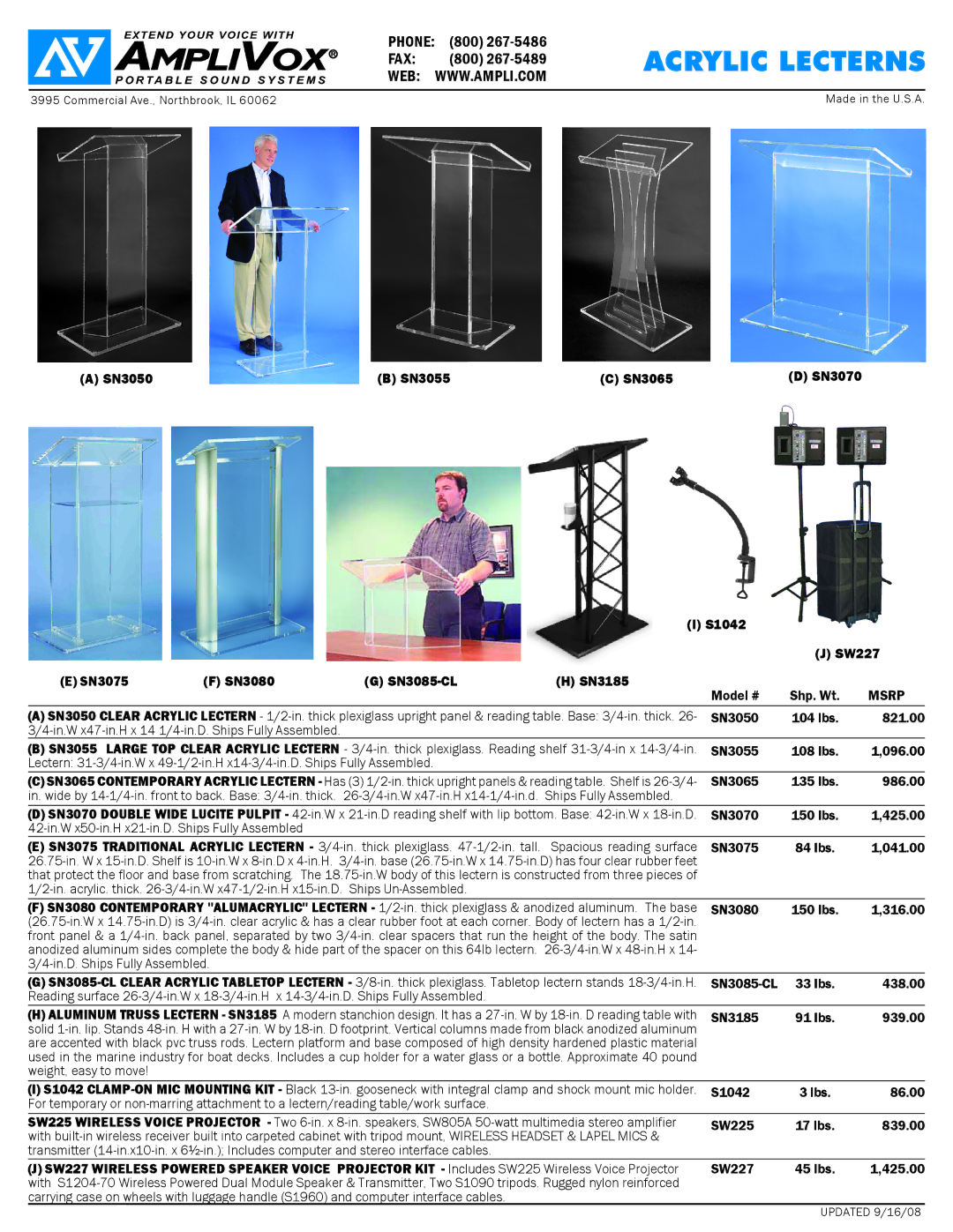 AmpliVox SN3185 91, SW225, SN3085-CL manual SN3050 SN3055 SN3065 SN3070 S1042 SW227, SN3075, SN3080 SN3085-cl SN3185, Msrp 