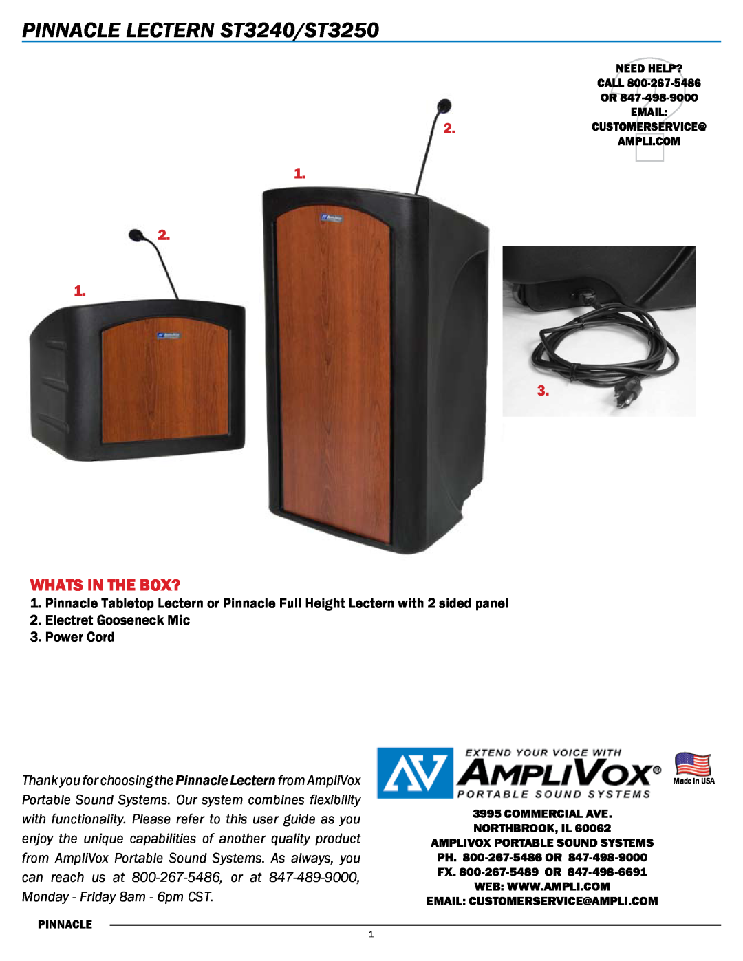 AmpliVox ST3240, ST3250 manual PINNACLE LECTERN St3240/St3250, Whats in the Box?, Electret Gooseneck Mic 3.Power Cord 