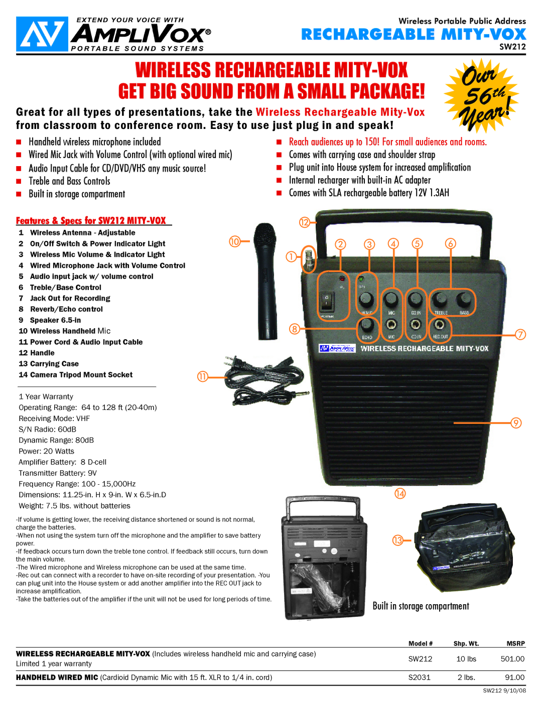 AmpliVox S2031, SW212 warranty Handheld Wireless microphone included, Built in storage compartment 