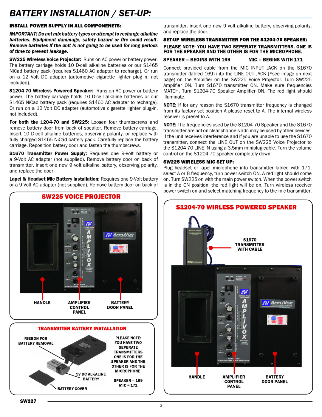 AmpliVox SW227 manual SW225 Voice Projector, S1204-70 Wirless Powered Speaker, Install Power supply in all componenets 