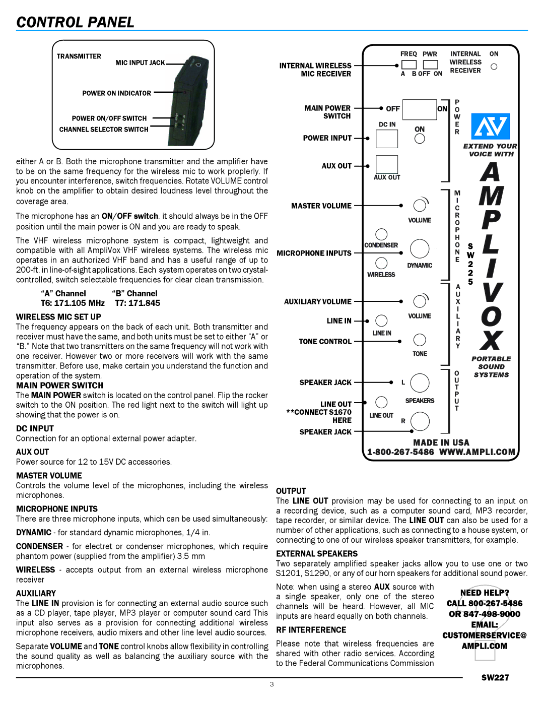 AmpliVox SW227 manual Control Panel, Call, Customerservice@, Ampli.com 