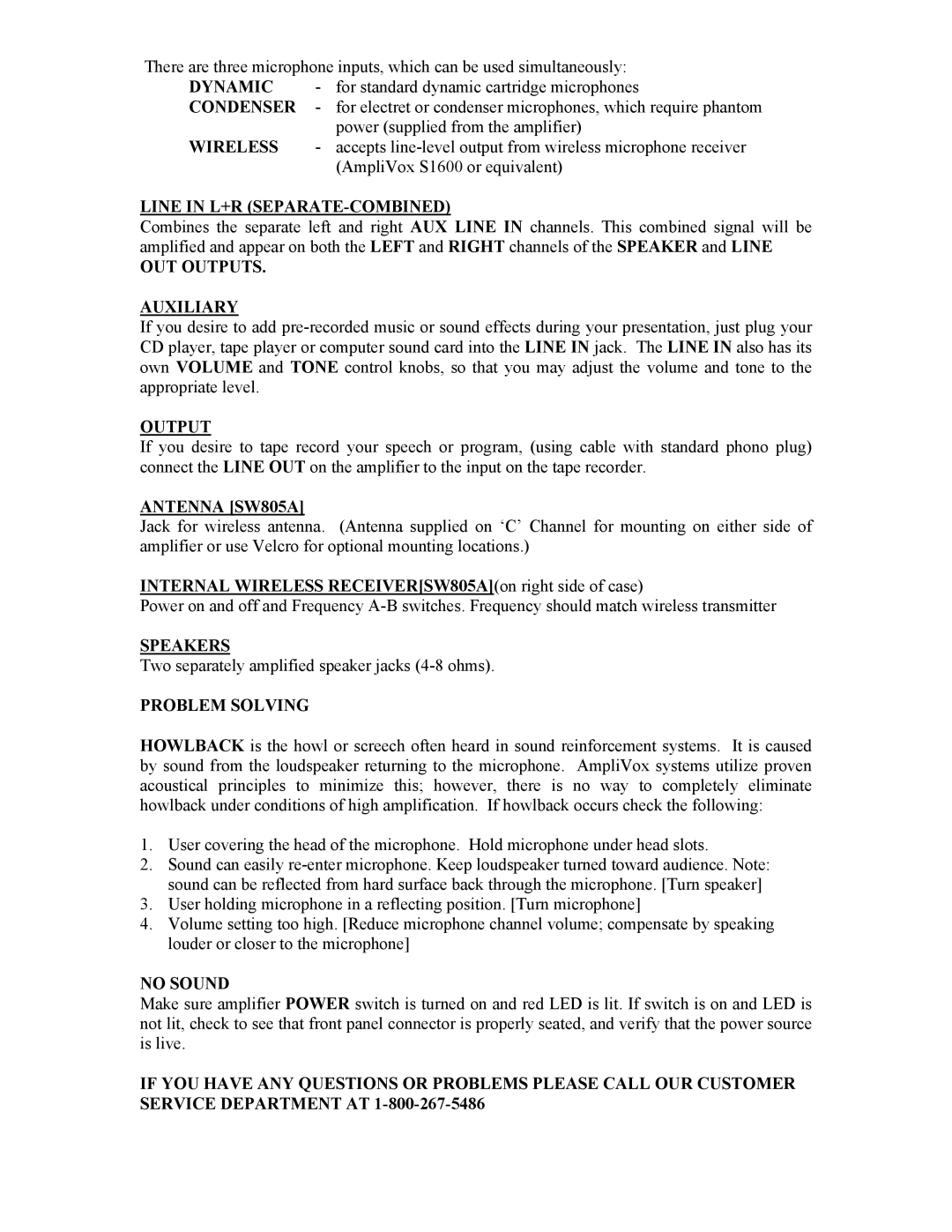 AmpliVox SW230A, S230A Dynamic, Condenser, Wireless, Line in L+R SEPARATE-COMBINED, OUT Outputs Auxiliary, Antenna SW805A 