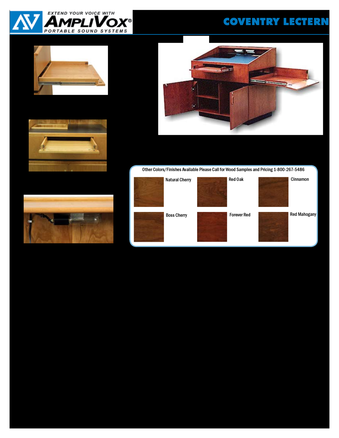 AmpliVox SN3030, SW3030 coventry LECTERN, Close-upof Document Camera Drawer, Close-upof Light, Riverwoods Solid Hardwood 