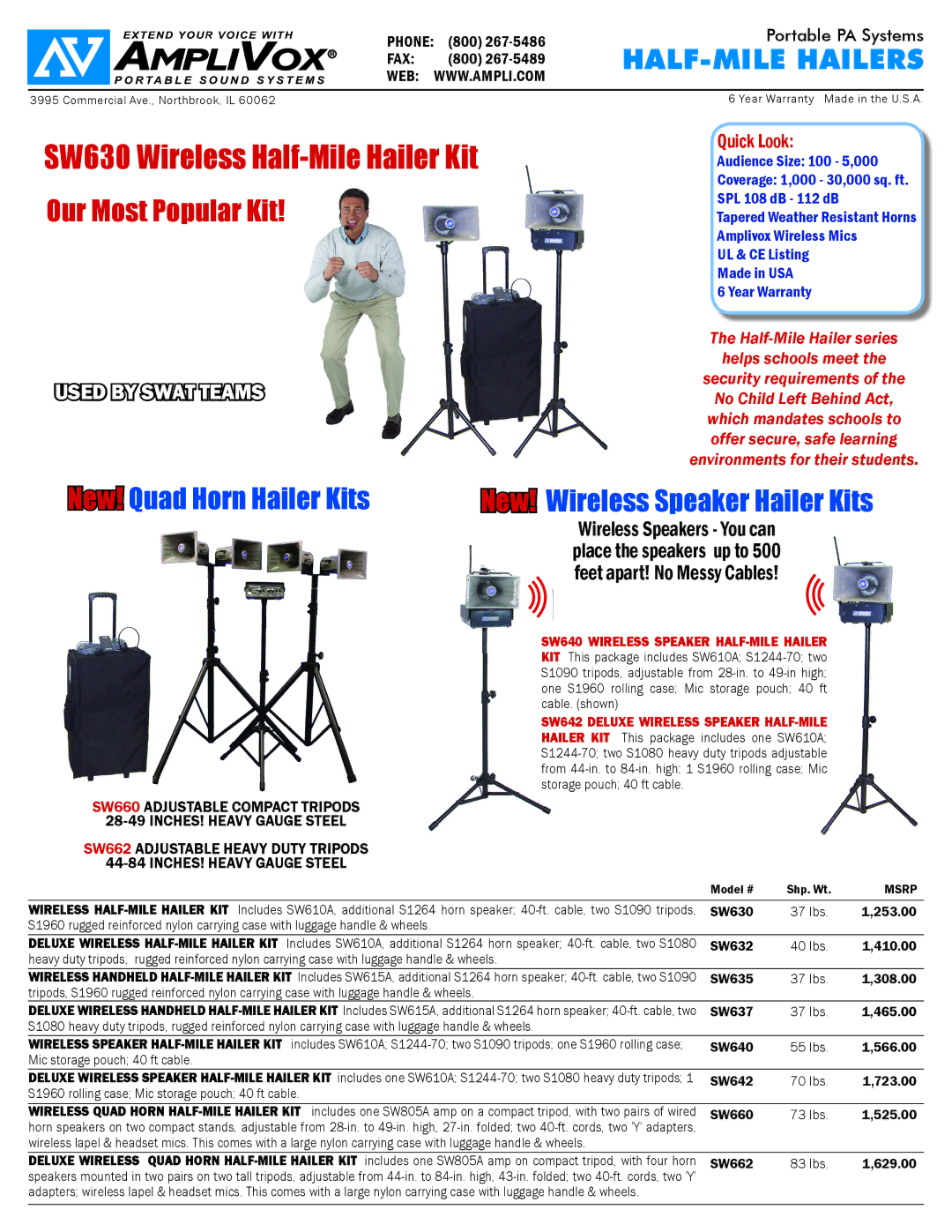 AmpliVox SW632, SW630, S610A, SW662, SW615A, SW635, SW610A, SW642 New! Quad Horn Hailer Kits, New! Wireless Speaker Hailer Kits 