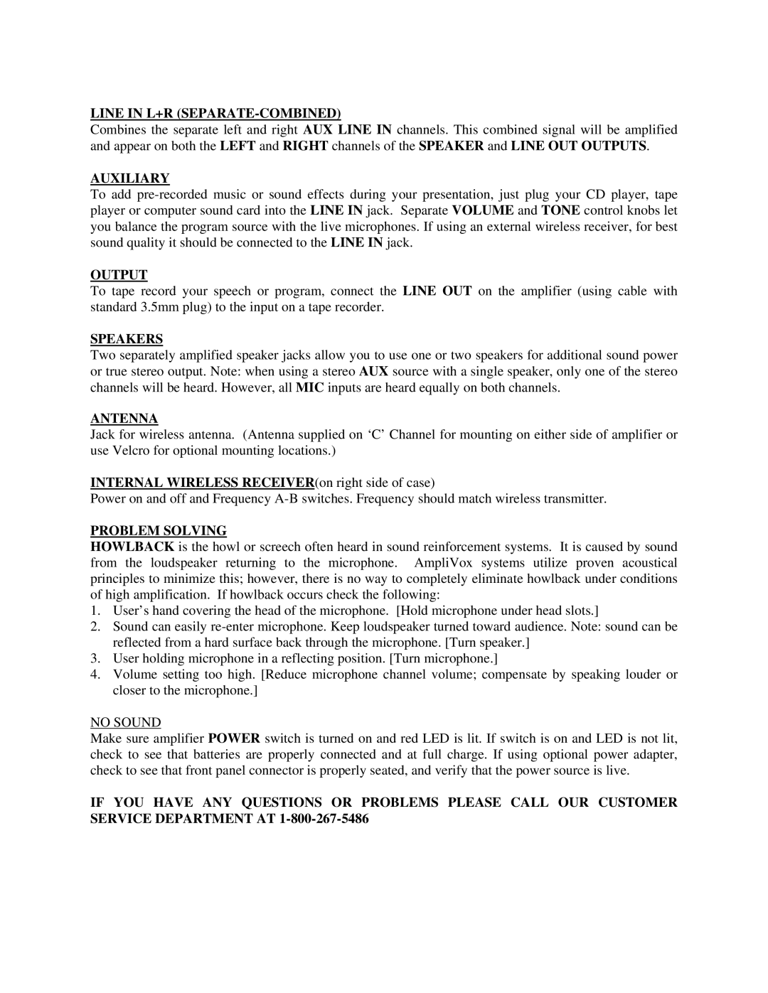 AmpliVox SW805A manual Line in L+R SEPARATE-COMBINED, Auxiliary, Output, Speakers, Antenna, Problem Solving 