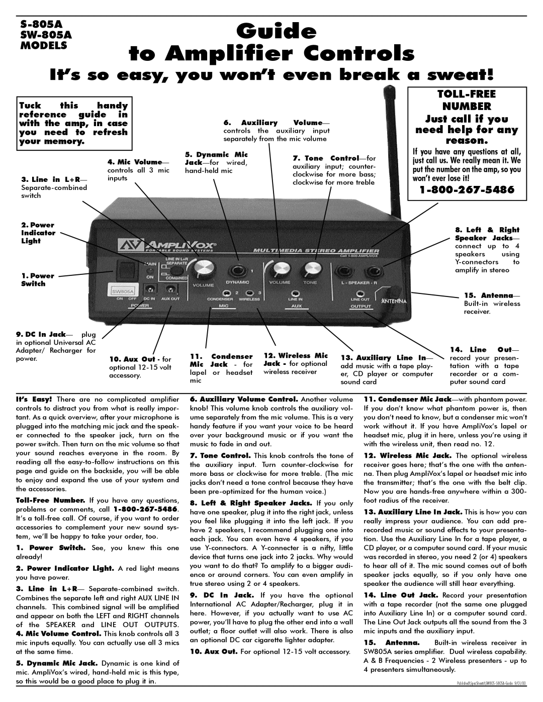 AmpliVox SW805A manual 805A SW-805A, Just call if you, Need help for any, Reason 