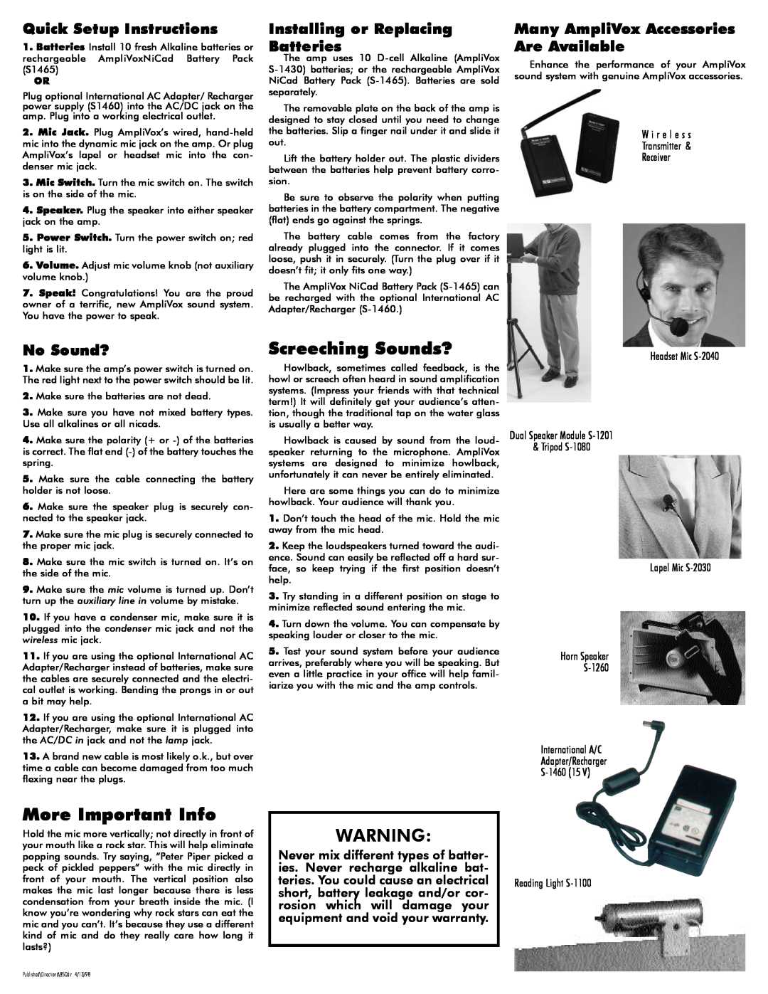 AmpliVox SW805A manual Quick Setup Instructions, Installing or Replacing Batteries, Many AmpliVox Accessories Are Available 