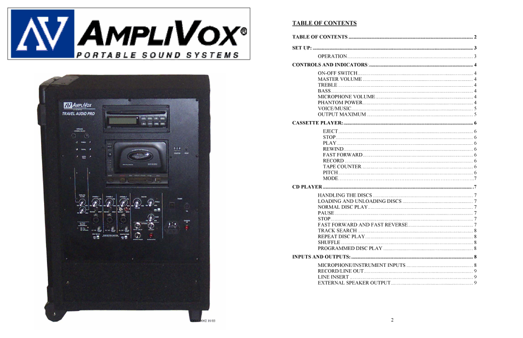 AmpliVox S905, SW905 manual Table of Contents 