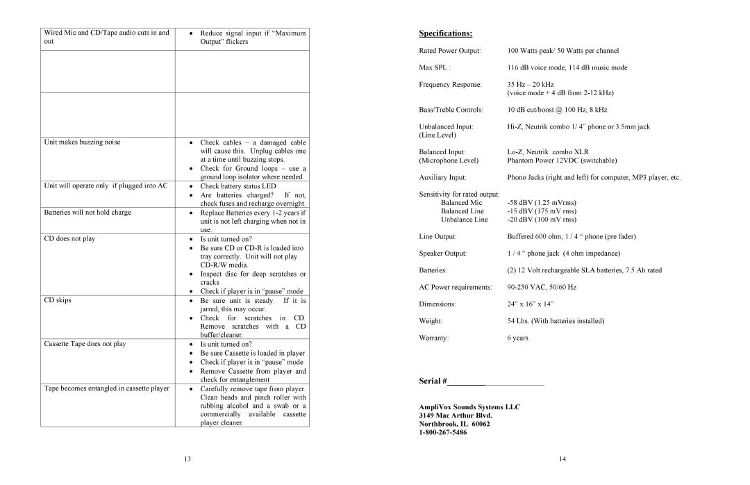 AmpliVox S905, SW905 manual Specifications, Serial # 