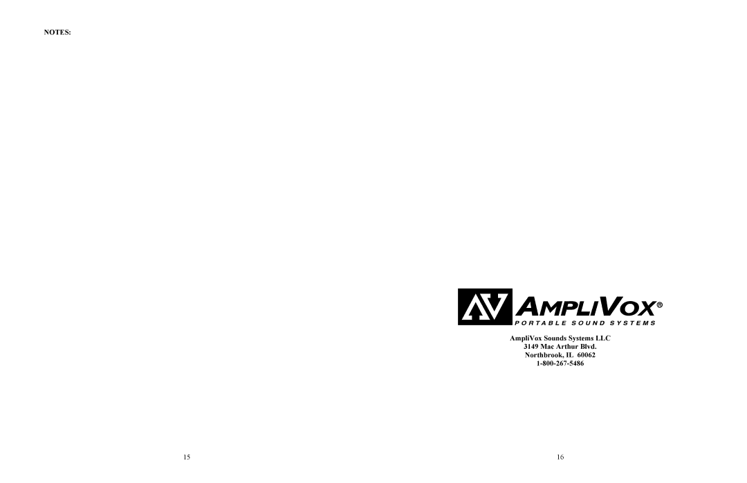 AmpliVox SW905, S905 manual AmpliVox Sounds Systems LLC Mac Arthur Blvd Northbrook, IL 