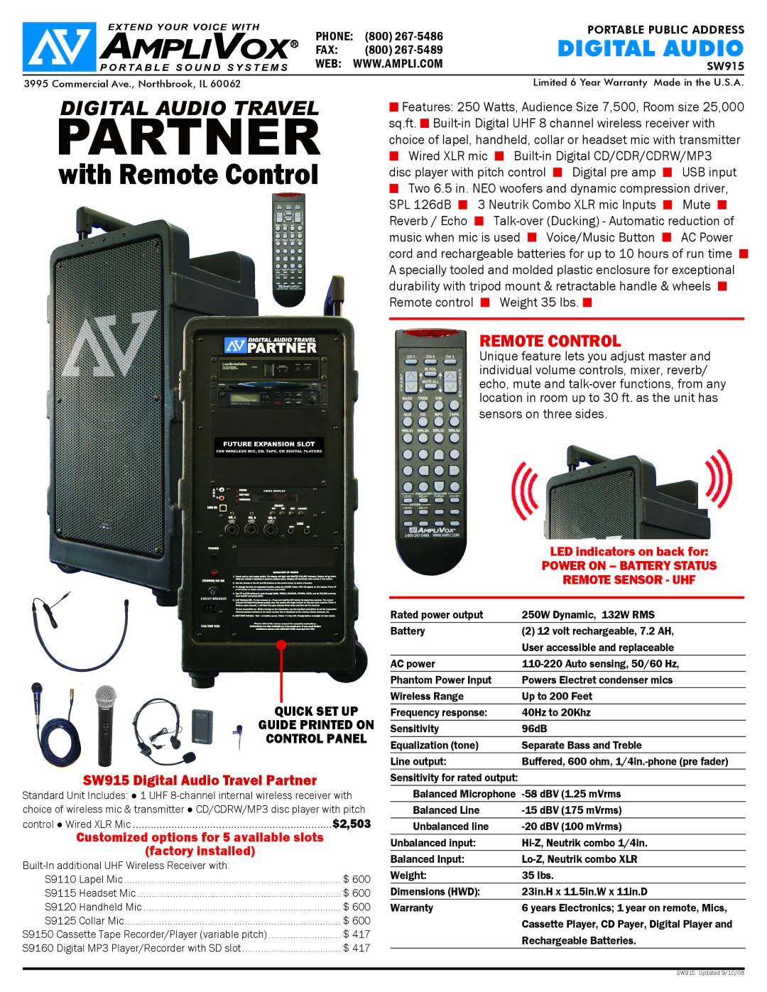 AmpliVox SW915 warranty Customized options for 5 available slots, Built-In additional UHF Wireless Receiver with 