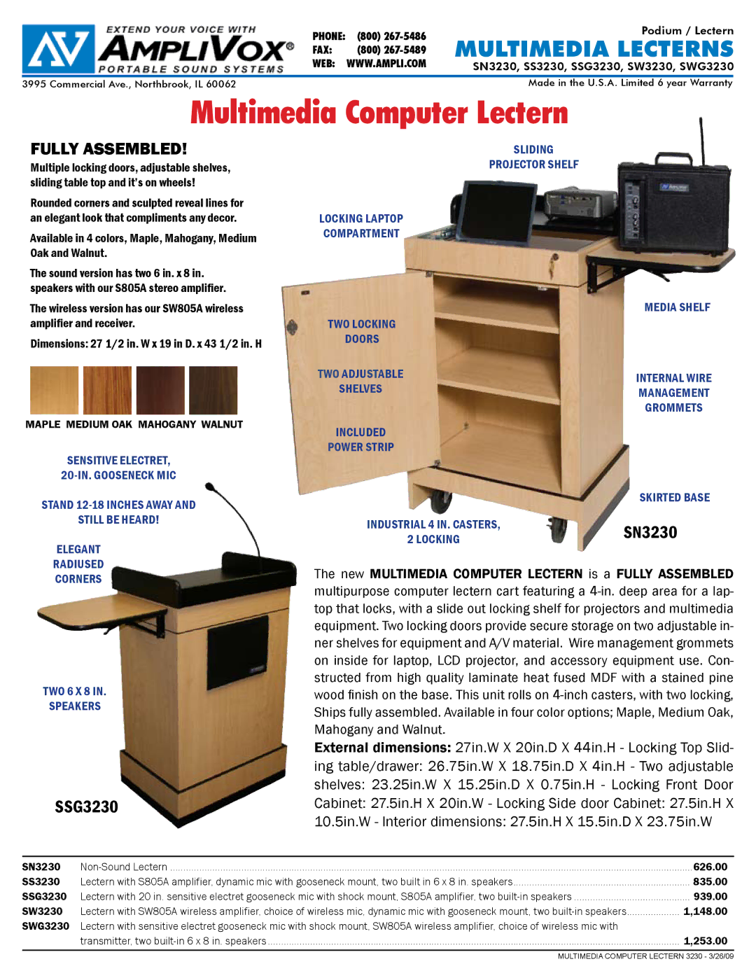 AmpliVox SN3230, SWG3230, SS3230, SW3230 warranty Multimedia Computer Lectern, Multimedia lecterns, Fully assembled, SSG3230 