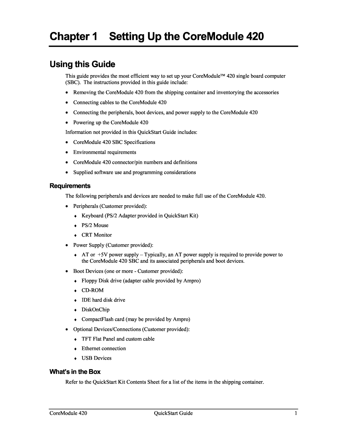 Ampro Corporation 420 quick start Setting Up the CoreModule, Using this Guide, Requirements, What’s in the Box 