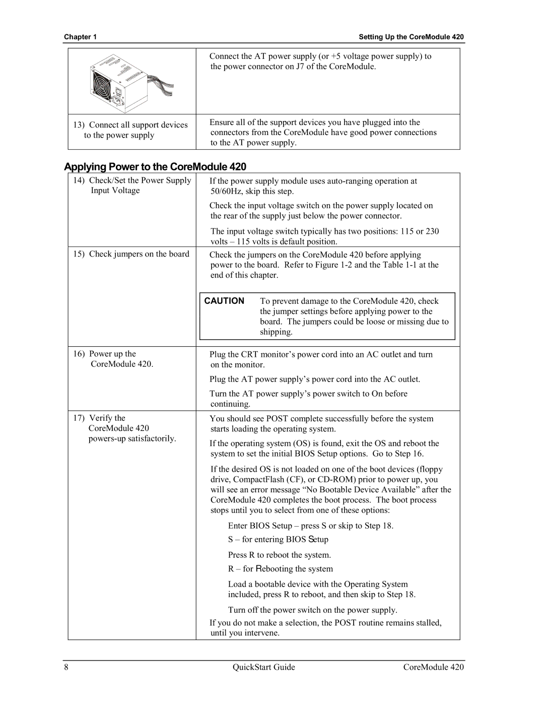 Ampro Corporation 420 quick start Applying Power to the CoreModule 