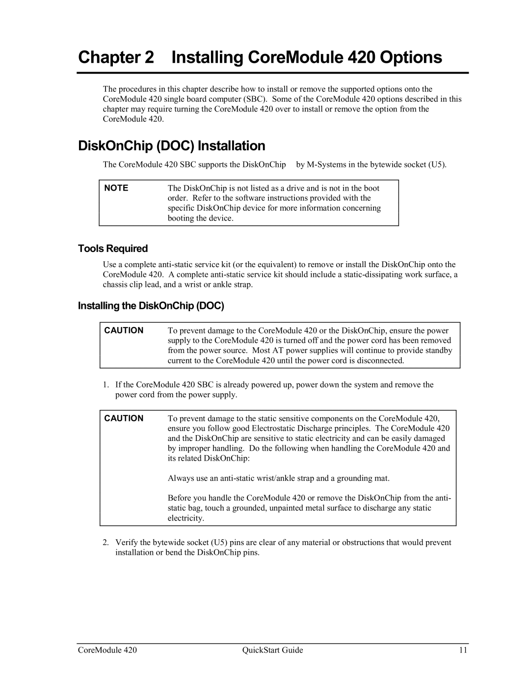 Ampro Corporation quick start Installing CoreModule 420 Options, DiskOnChip DOC Installation, Tools Required 