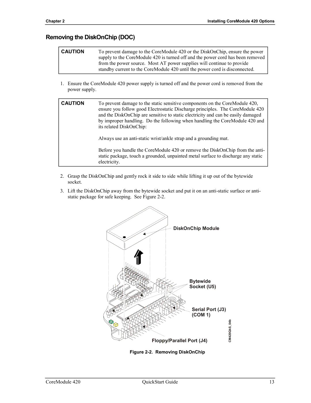 Ampro Corporation 420 quick start Removing the DiskOnChip DOC, Removing DiskOnChip 