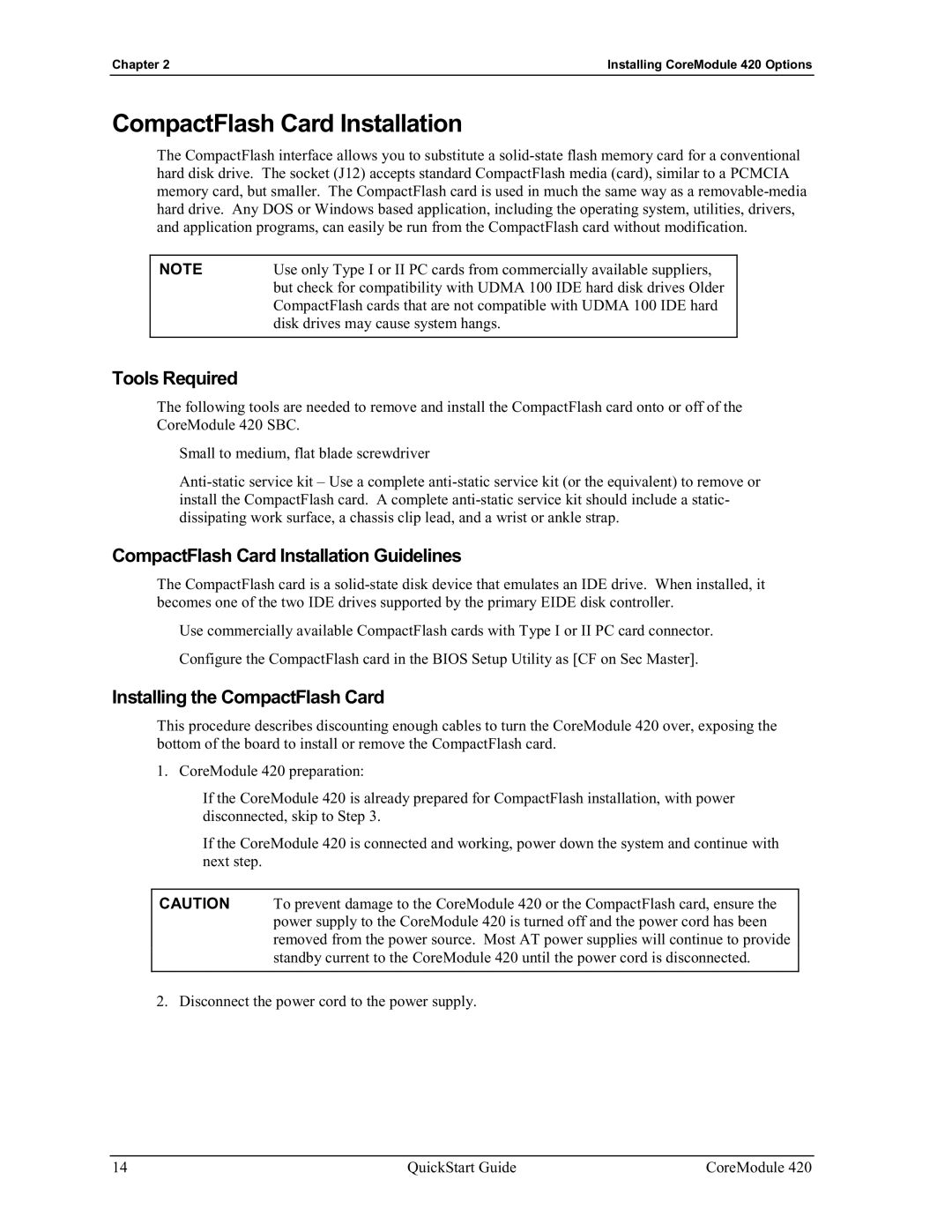 Ampro Corporation 420 quick start CompactFlash Card Installation Guidelines, Installing the CompactFlash Card 