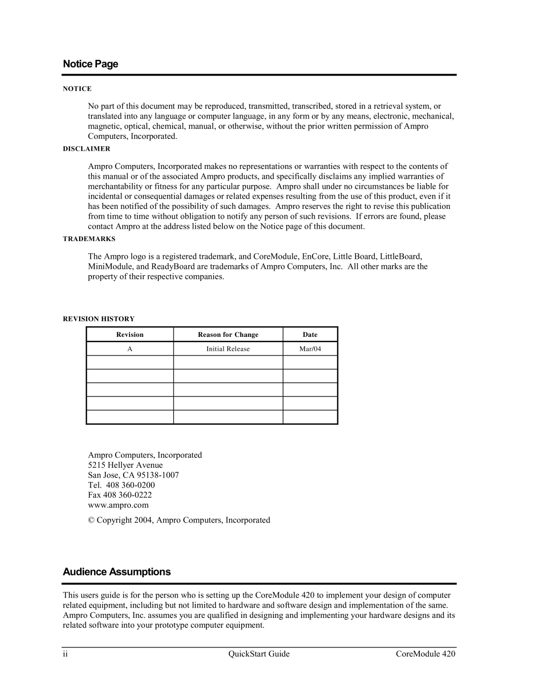 Ampro Corporation 420 quick start Audience Assumptions 