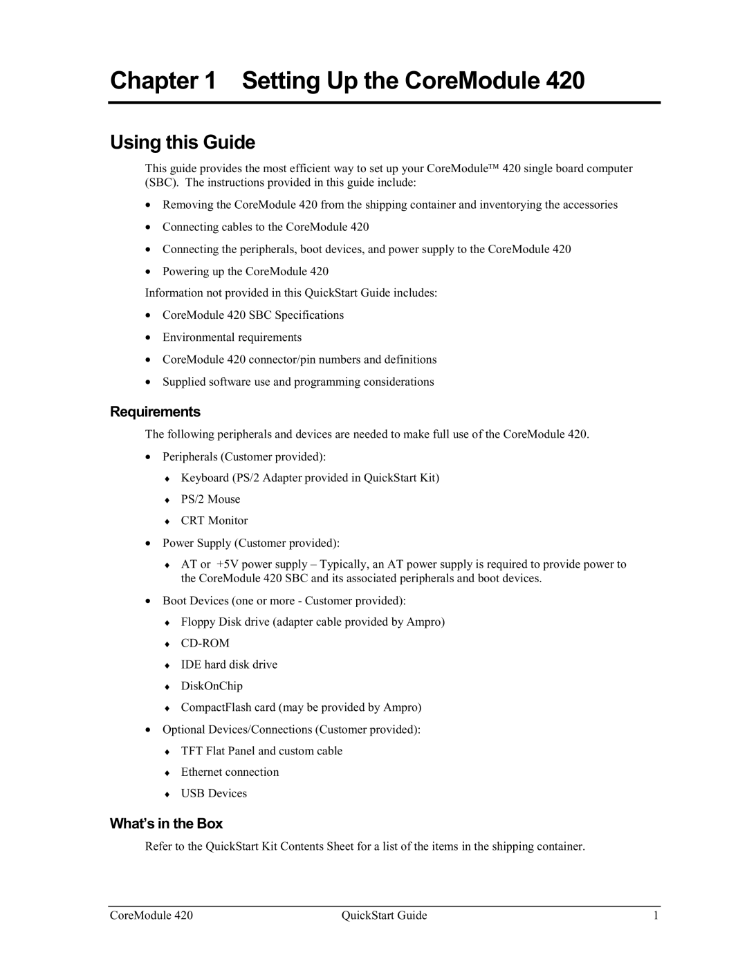 Ampro Corporation 420 quick start Setting Up the CoreModule, Using this Guide, Requirements, What’s in the Box 