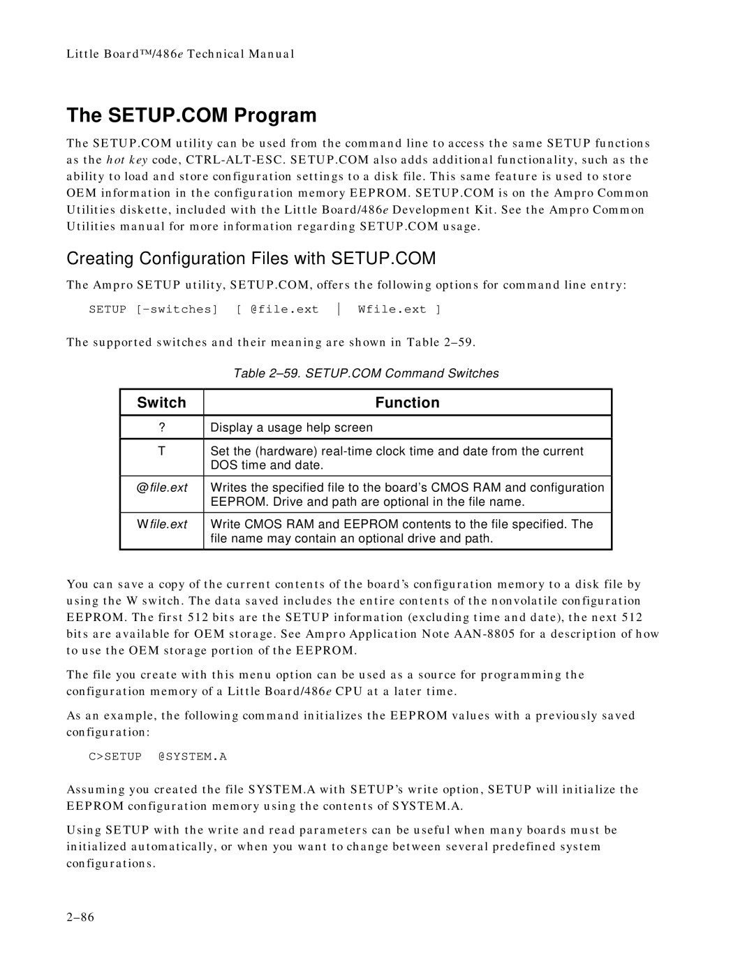 Ampro Corporation 486E manual Creating Configuration Files with SETUP.COM, Switch Function 