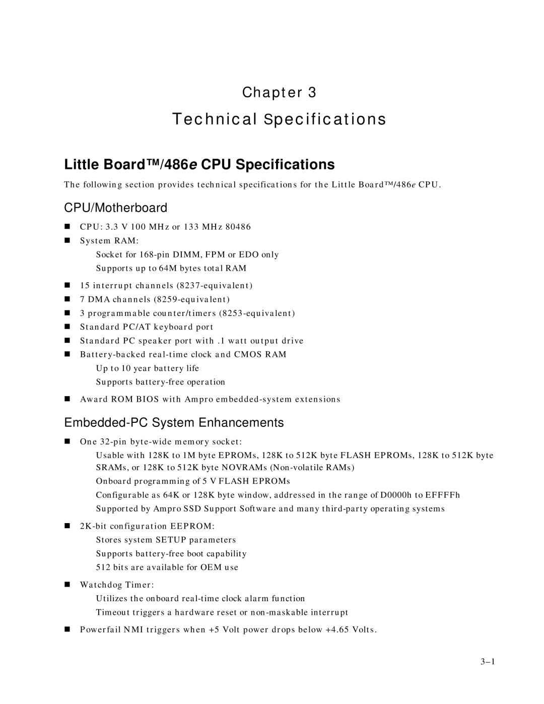 Ampro Corporation 486E manual Little Board/486e CPU Specifications, Embedded-PC System Enhancements 