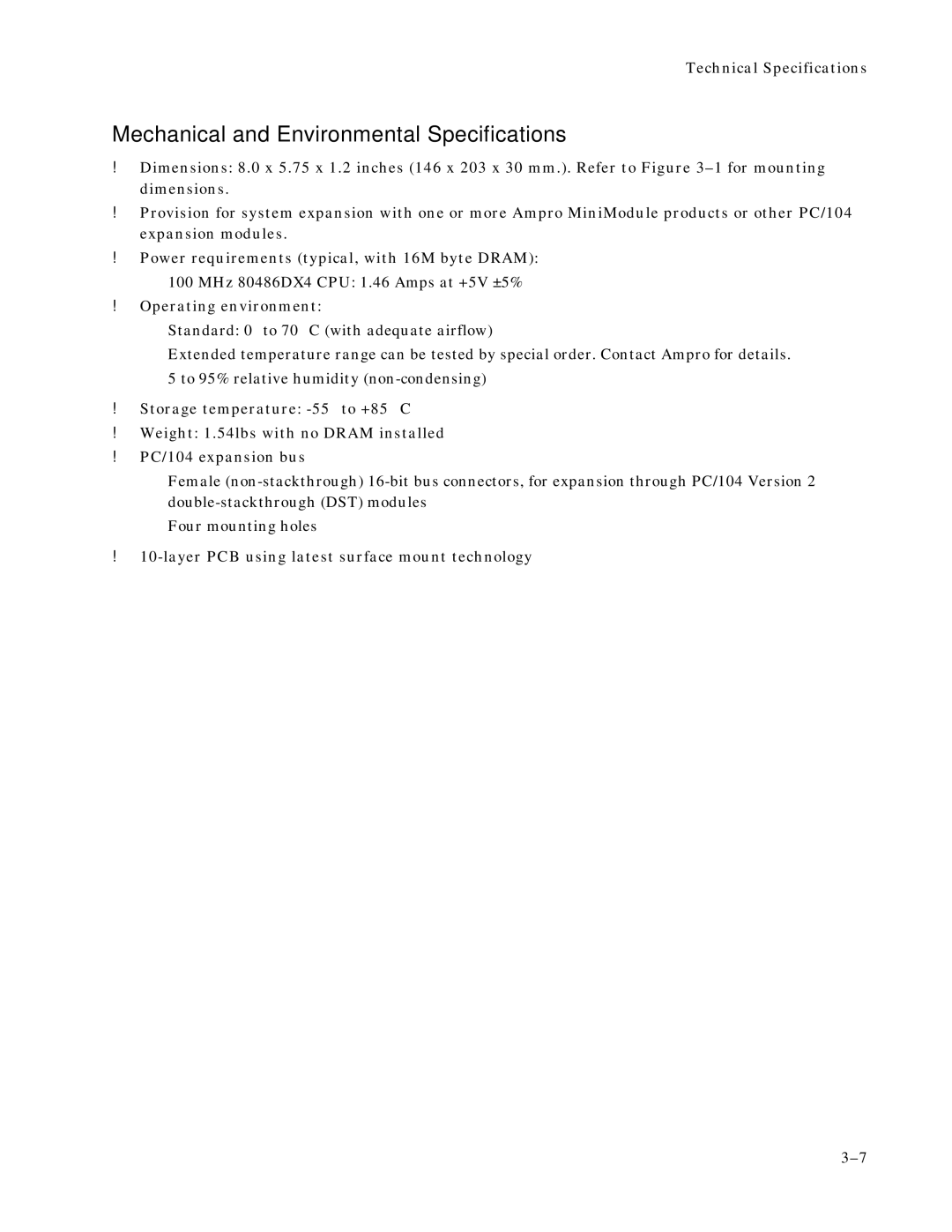 Ampro Corporation 486E manual Mechanical and Environmental Specifications 