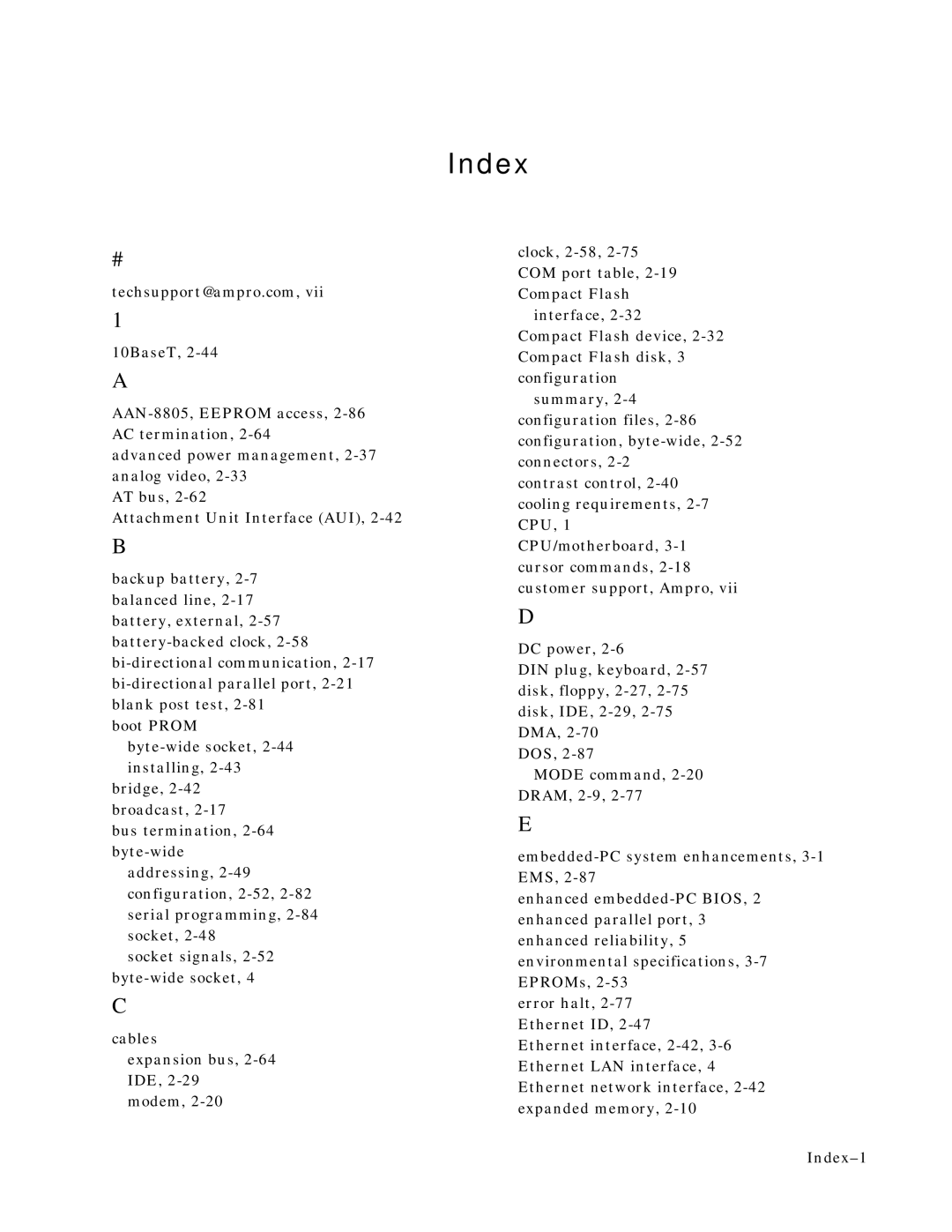 Ampro Corporation 486E manual Index 