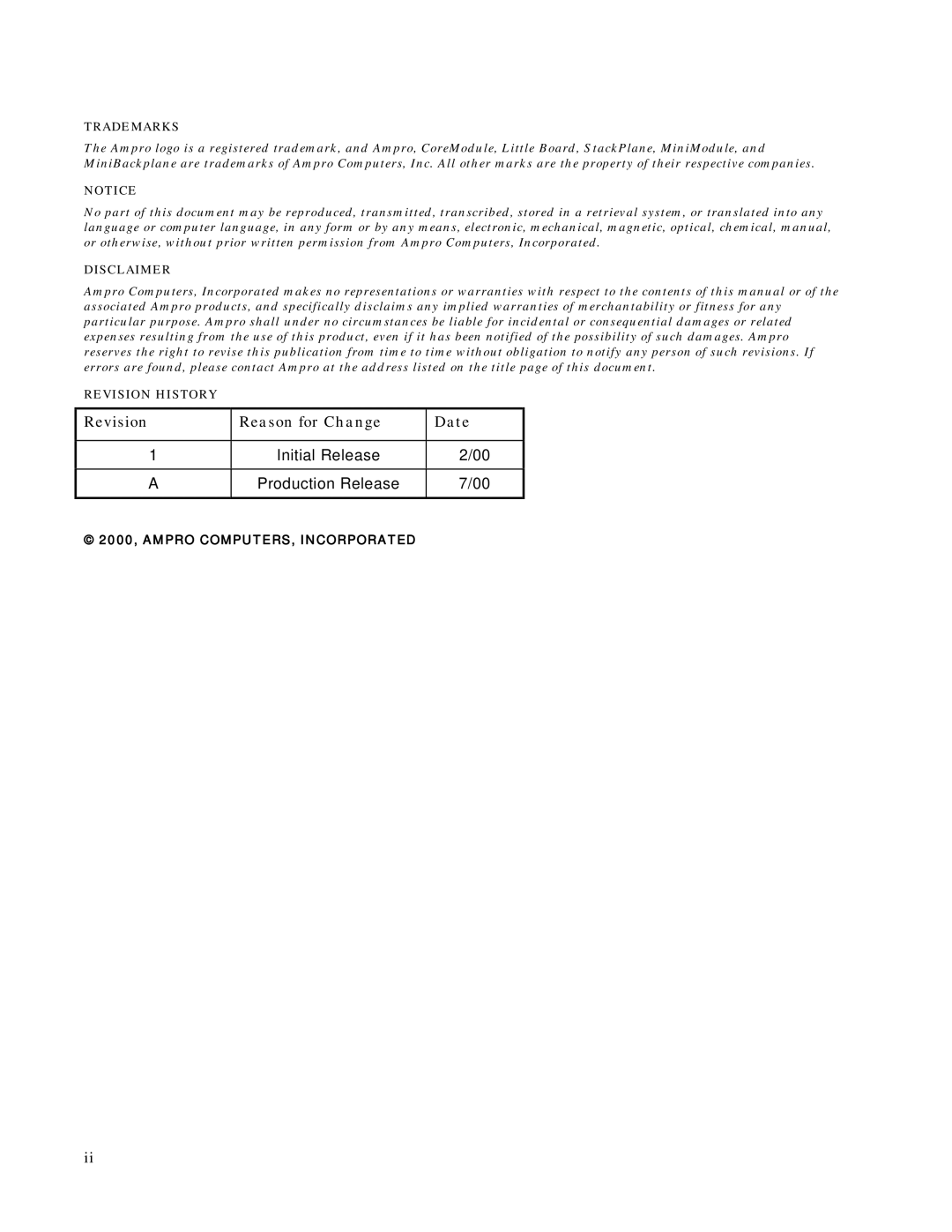 Ampro Corporation 486E manual Revision Reason for Change Date 