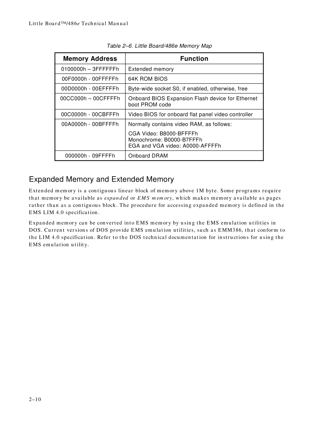 Ampro Corporation 486E manual Expanded Memory and Extended Memory, Memory Address Function 