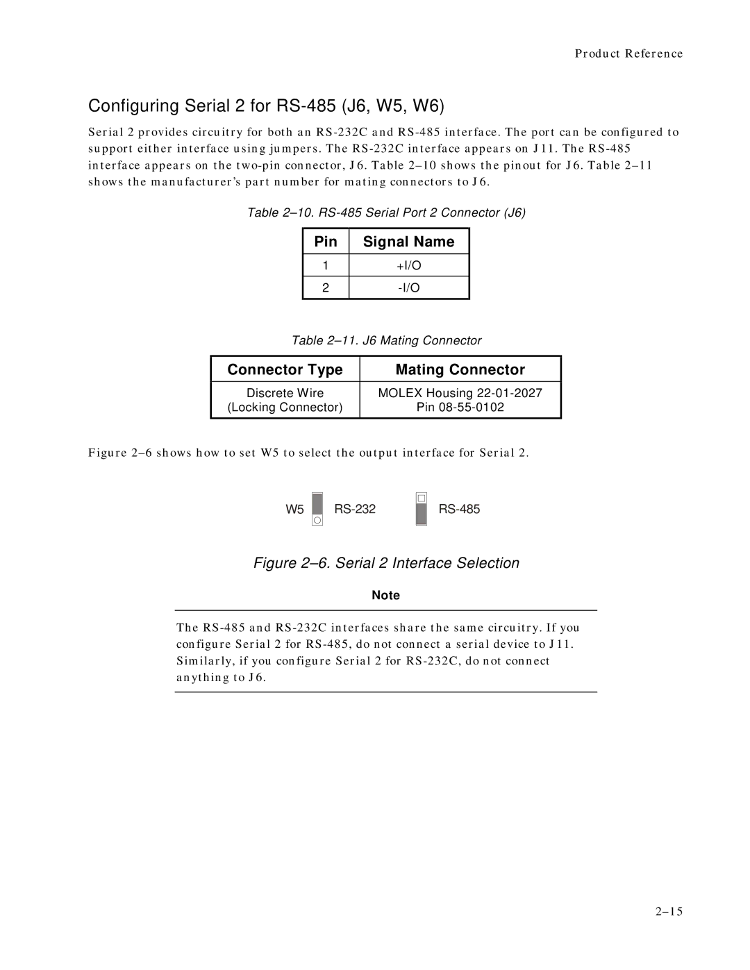 Ampro Corporation 486E manual Configuring Serial 2 for RS-485 J6, W5, W6, Pin Signal Name 