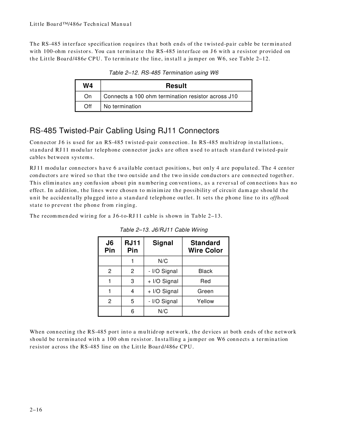 Ampro Corporation 486E manual RS-485 Twisted-Pair Cabling Using RJ11 Connectors, Pin RJ11 Signal Standard Wire Color 