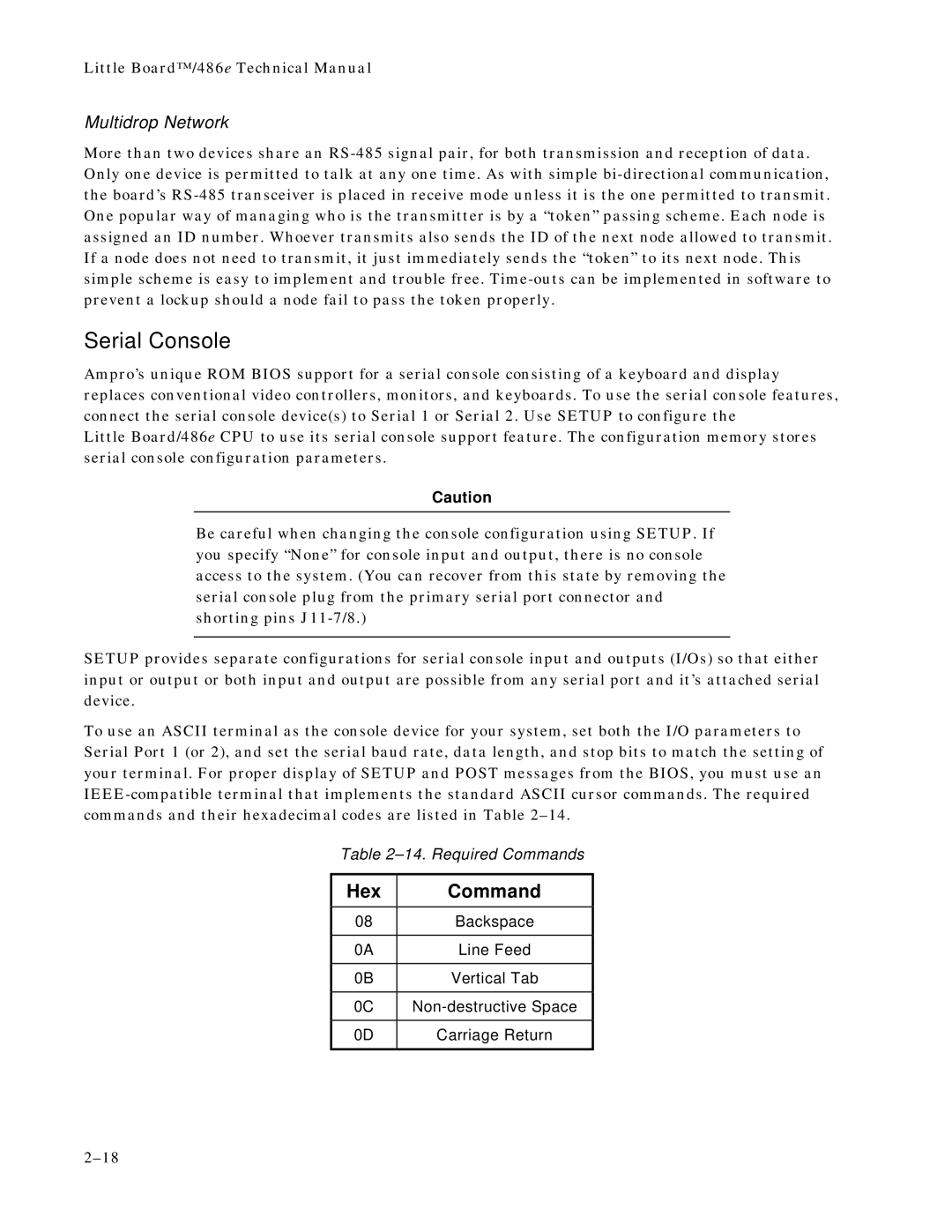 Ampro Corporation 486E manual Serial Console, Hex Command 