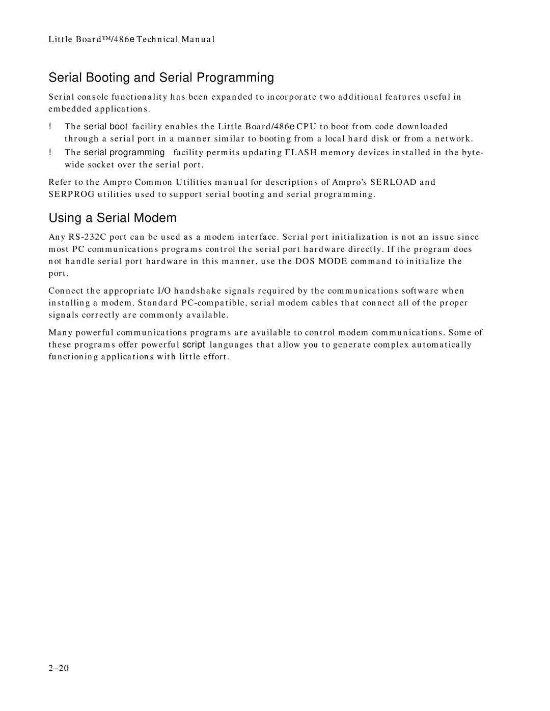 Ampro Corporation 486E manual Serial Booting and Serial Programming, Using a Serial Modem 