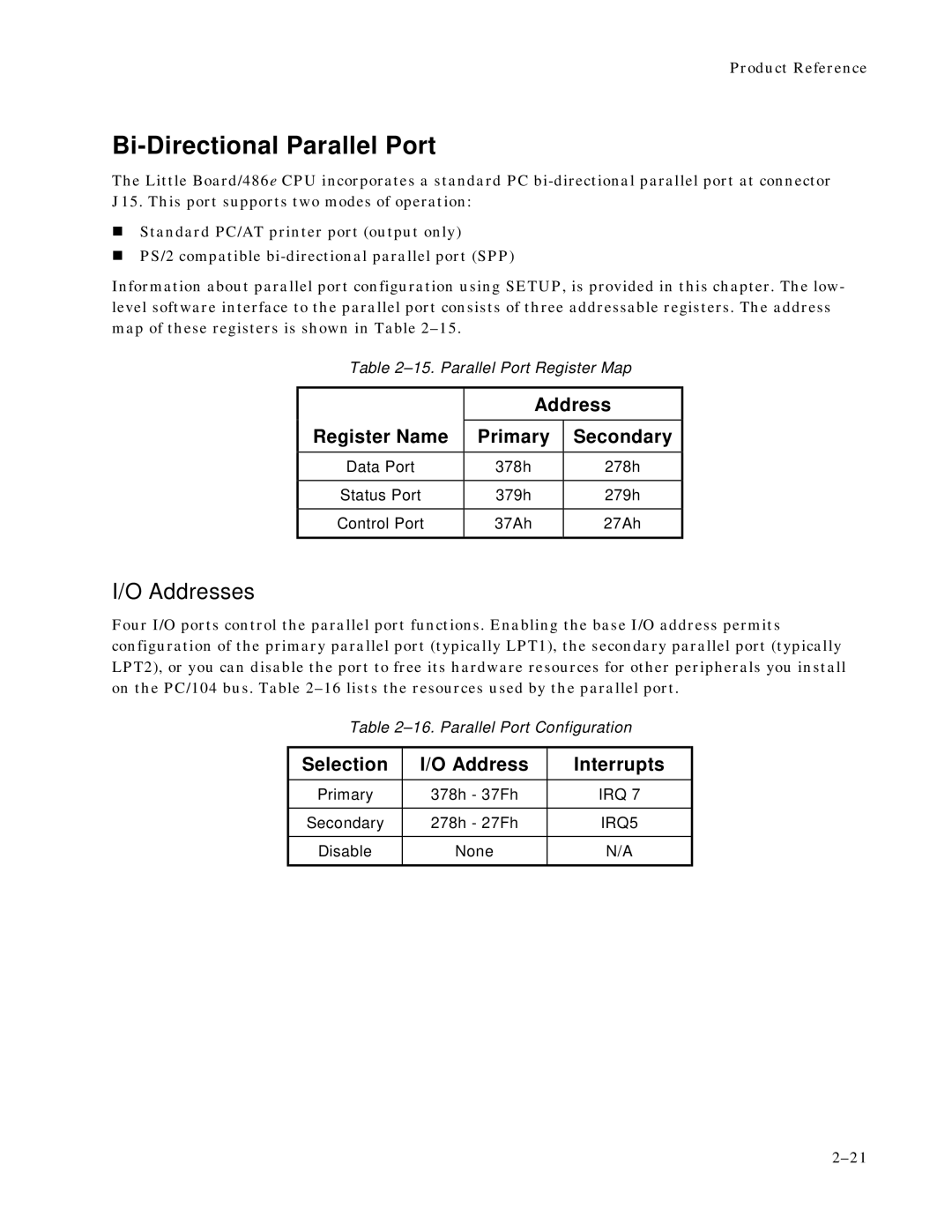 Ampro Corporation 486E Bi-Directional Parallel Port, Register Name Address Primary Secondary, Selection Address Interrupts 