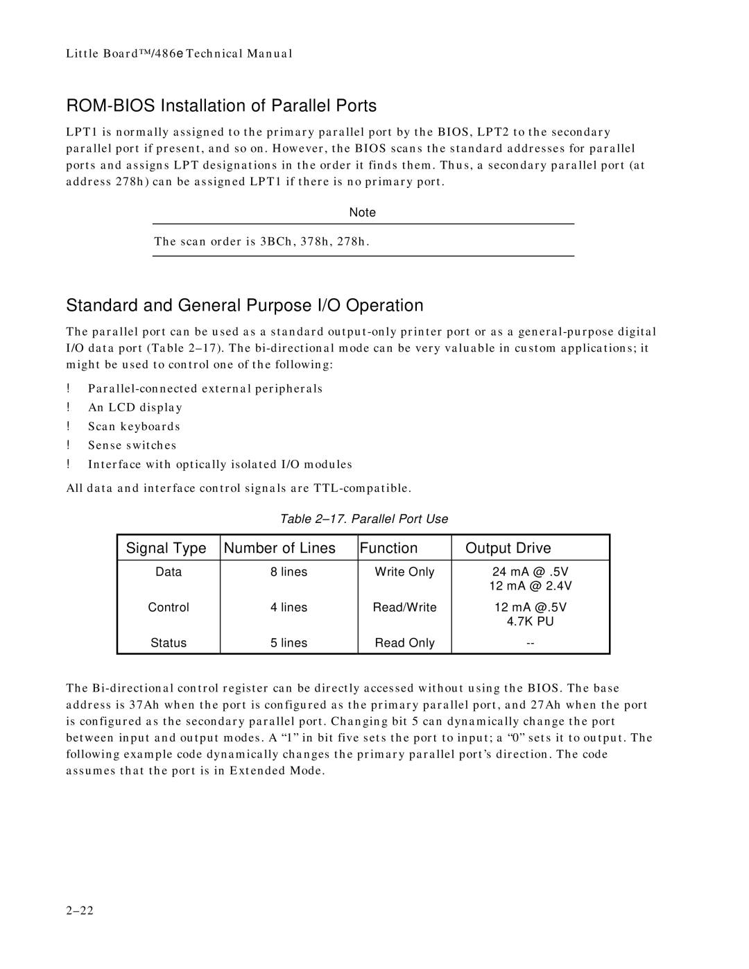 Ampro Corporation 486E manual ROM-BIOS Installation of Parallel Ports, Standard and General Purpose I/O Operation 