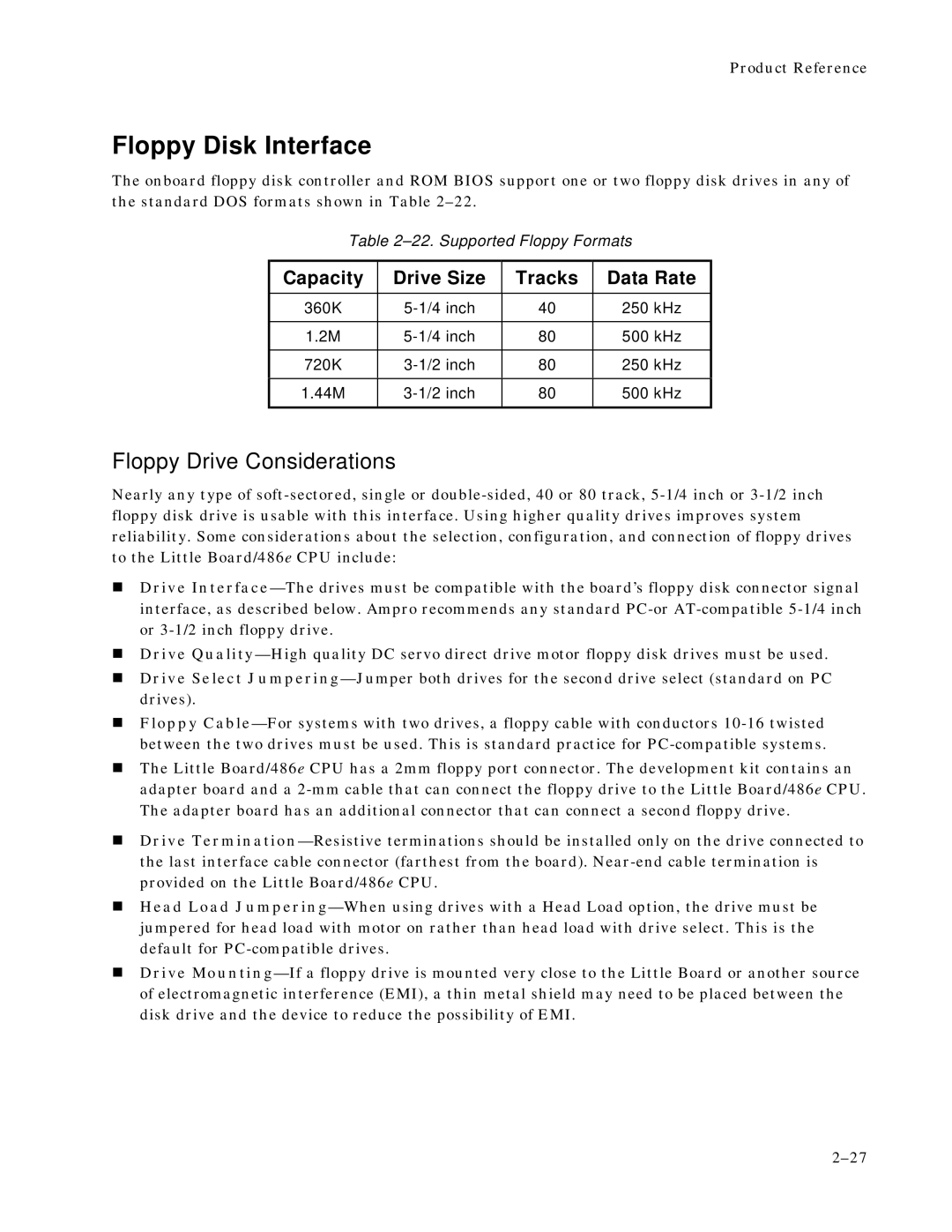 Ampro Corporation 486E manual Floppy Disk Interface, Floppy Drive Considerations, Capacity Drive Size Tracks Data Rate 