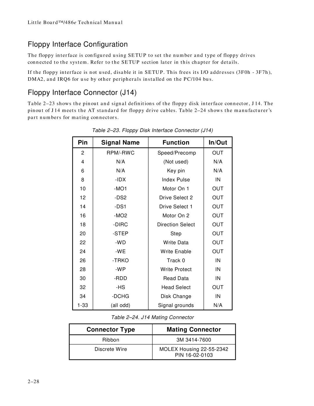 Ampro Corporation 486E Floppy Interface Configuration, Floppy Interface Connector J14, Pin Signal Name Function In/Out 