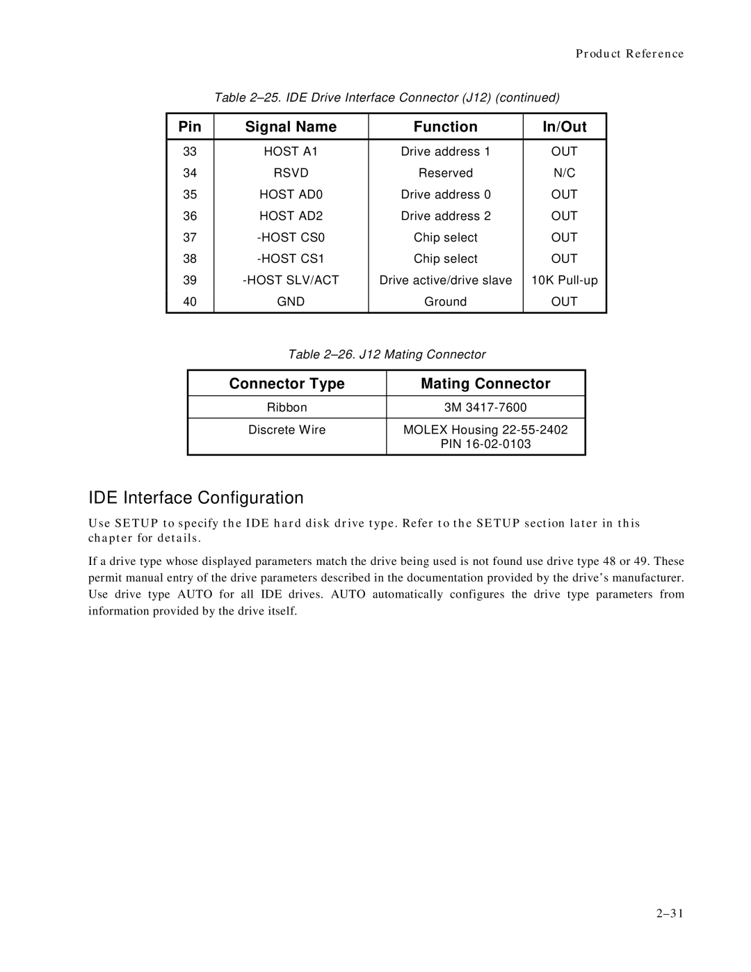 Ampro Corporation 486E manual IDE Interface Configuration, Connector Type Mating Connector 