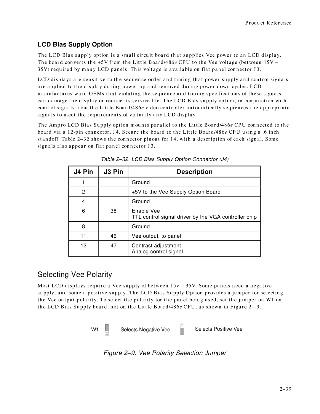 Ampro Corporation 486E manual Selecting Vee Polarity, LCD Bias Supply Option, J4 Pin J3 Pin Description 